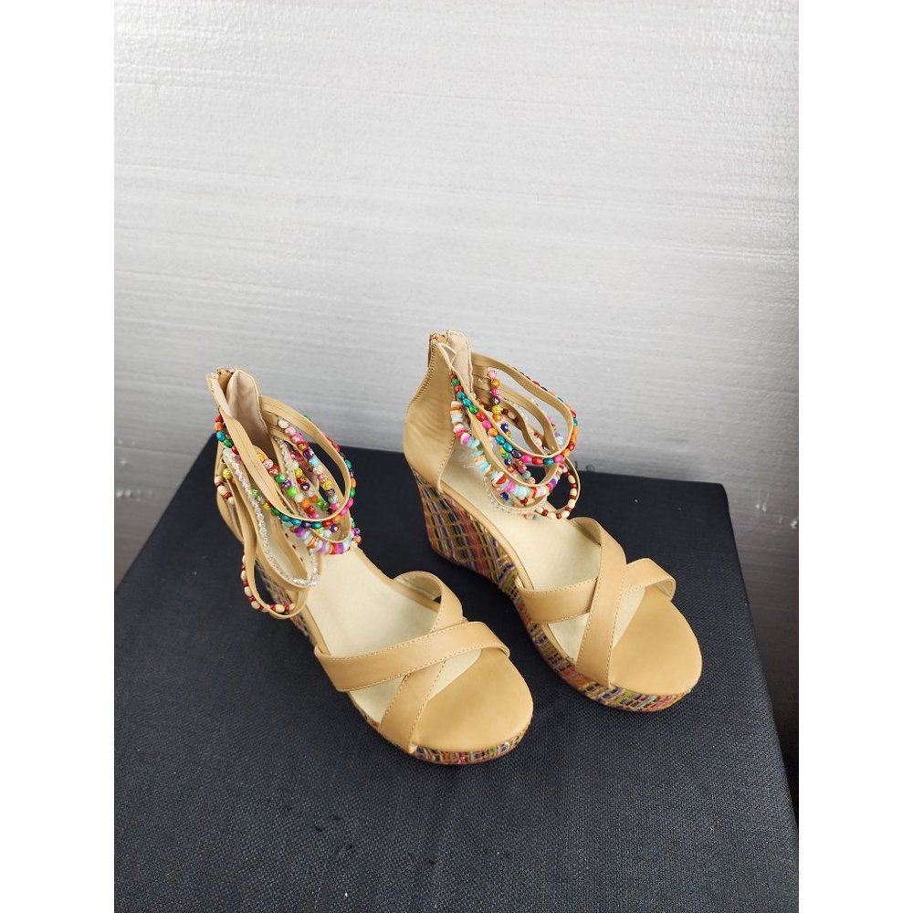 Natural shoes beaded ankle strap. Back strap wedges. Size 38 (us 8)